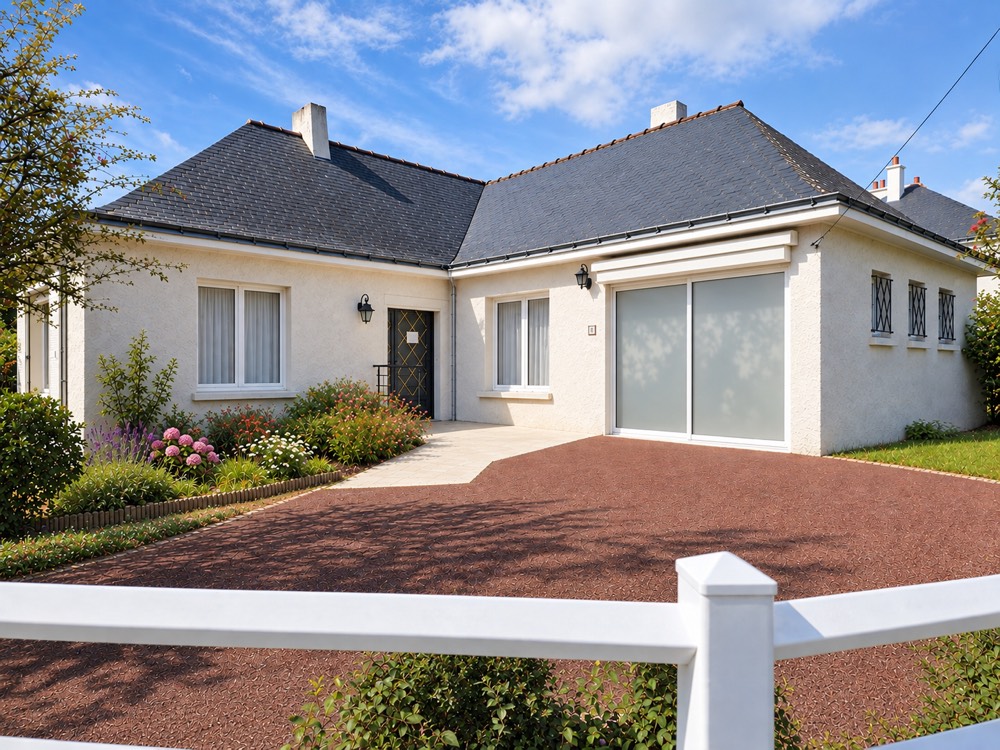 Façade du cabinet à Thouaré-sur-Loire : maison blanche de plain-pied et son jardin fleuri